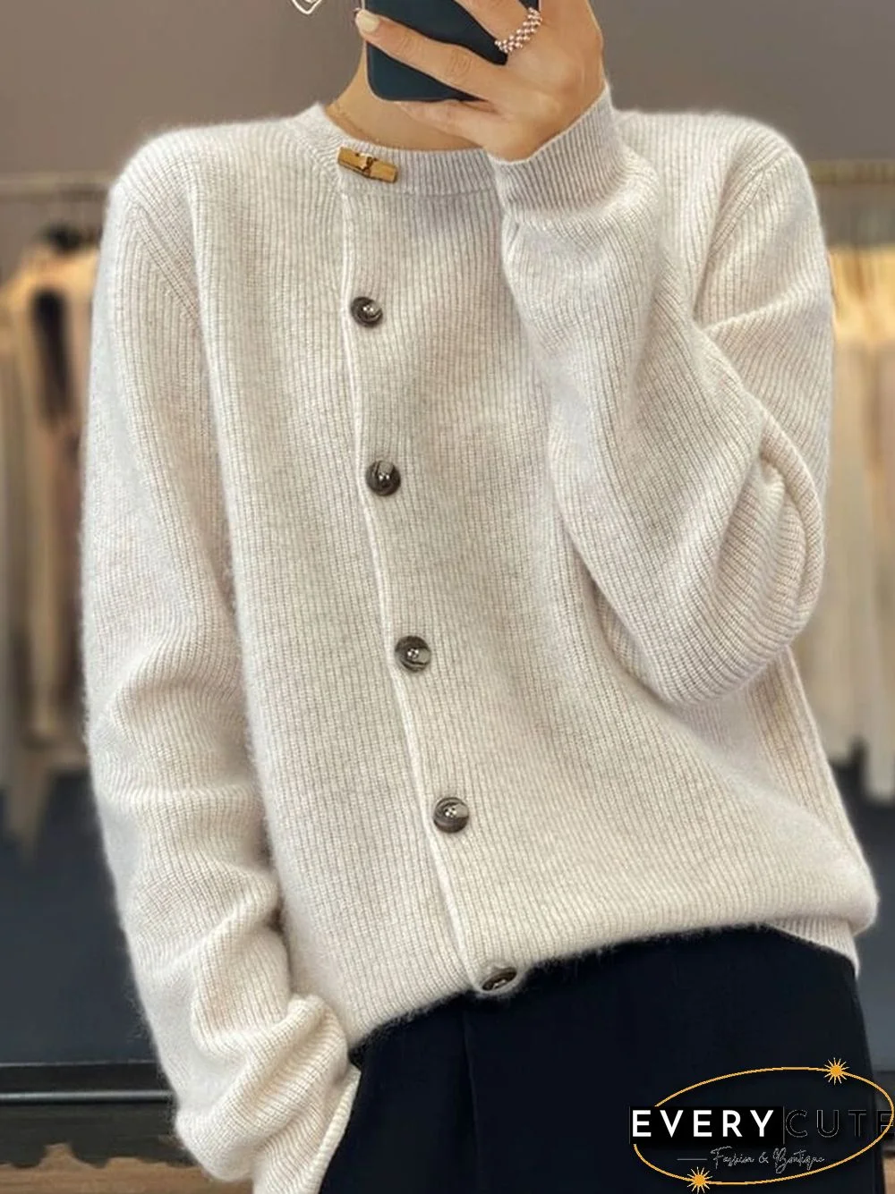 Women's Fashion Slouchy Round Neck Toggle Button Front Loose Knit Sweater