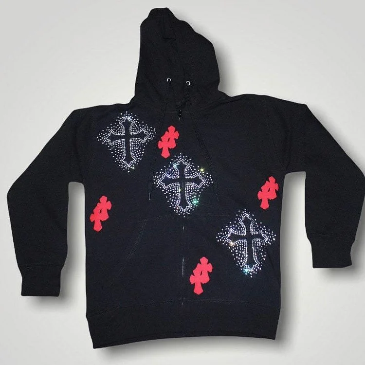 Rhinestone Print Cross Loose Hoodie Sweatshirt at Hiphopee