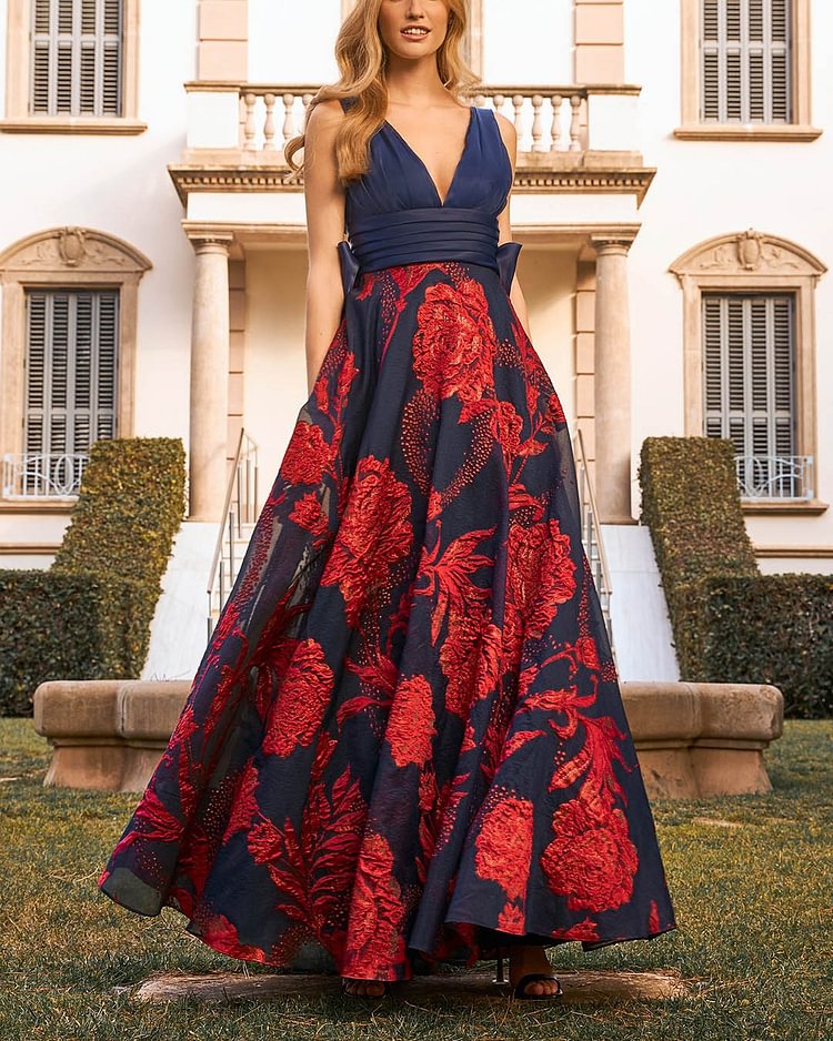 Elegant Rose V Neck Maxi Dress Gown