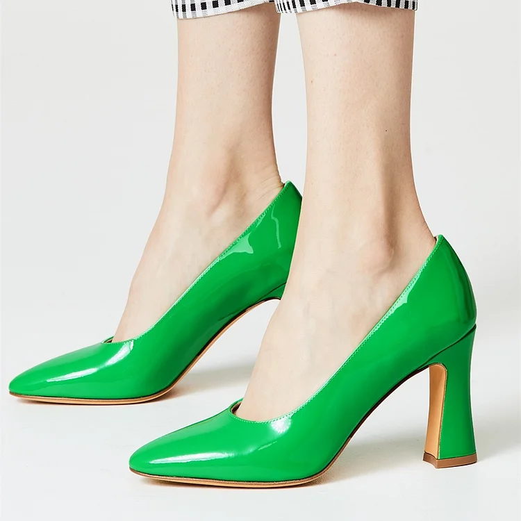 Green Patent Leather Chunky Heels Pumps for Women |FSJ Shoes