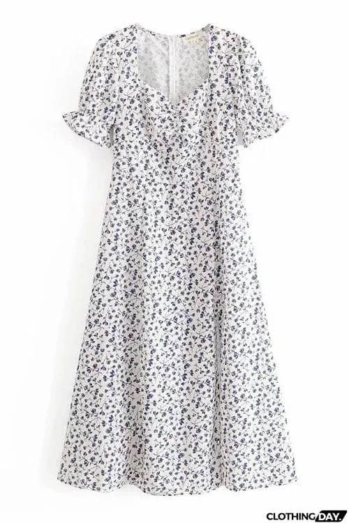 Print Slit Short Sleeve Dress