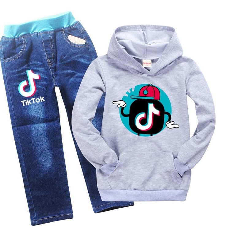 Mayoulove Boys Girls Cool Tik Tok Print Kids Hoodie And Jeans Suit Outfit Sets-Mayoulove