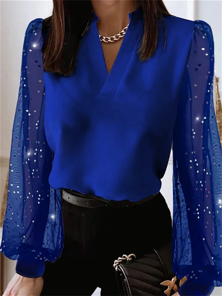 Blouse Blue Solid Patch Rhinestone Long Sleeve V Neck