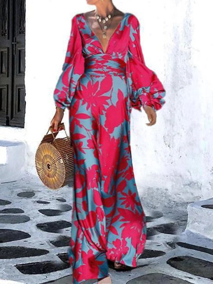 Vacation V Neck Balloon Sleeve Maxi Dresses For Women