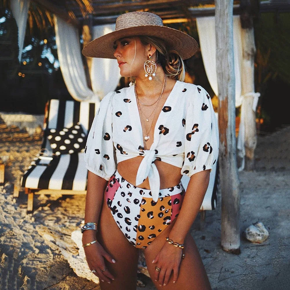 High Waist Bikini 2021 New Long Sleeve Sleeve Swimsuit Off-Shoulder Swimwear Women Bubble Sleeve Bikinis Sexy Mesh Beach Wear