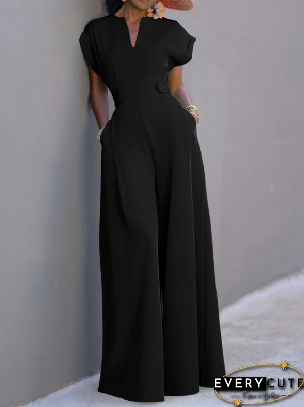 Urban Cap Sleeve Solid Color Wide Leg Jumpsuits