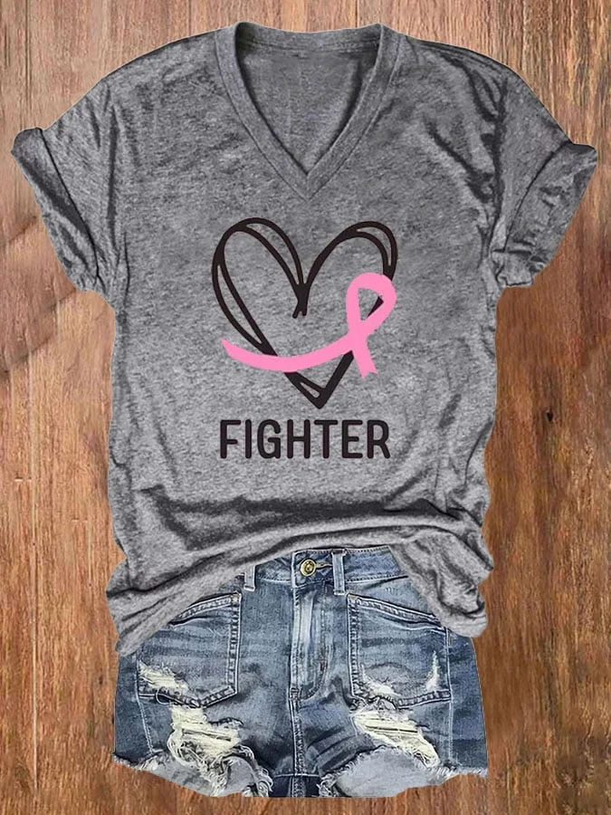 Women's Breast Cancer Awareness Printed V-Neck T-Shirt socialshop