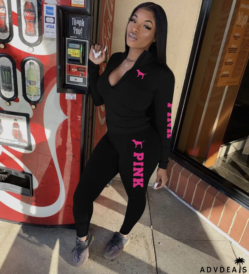 Pink Letter Print Long Sleeve Two Piece Sets