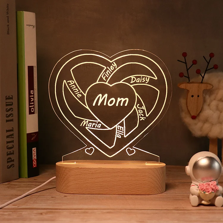 Personalized Heart Acrylic Night Light with Family Members' Names Lamp