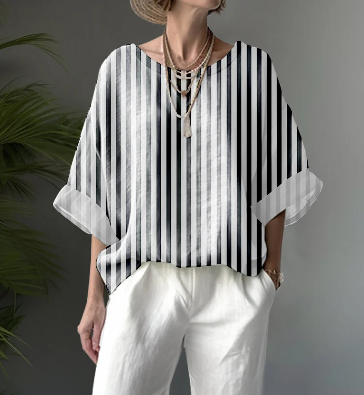 Women's Striped Printed Round Neck Dropped Shoulder Loose Top