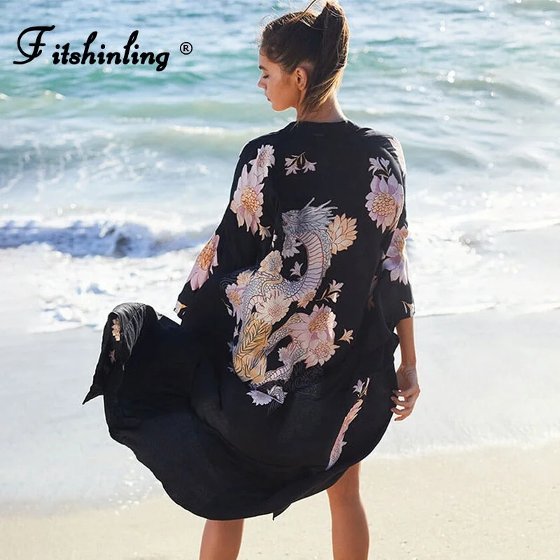 Fitshinling Dragon Print Chinese Style Kimono Flare Sleeve Vintage Oversized Beach Cover Up Sexy Simwear Boho Long Cardigan 2021