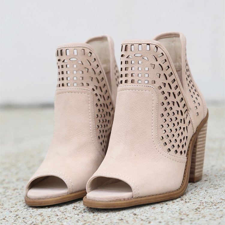 Nude Cut Out Open Toe Boots Wooden Chunky Heel Ankle Boots |FSJ Shoes