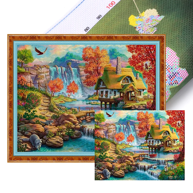 House By The Water In The Mountains 16CT (60*50CM) Stamped Cross Stitch gbfke