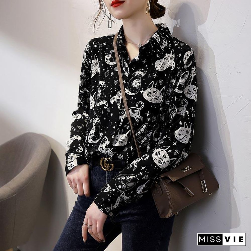 Cute Kitten Print Long Sleeve Shirt