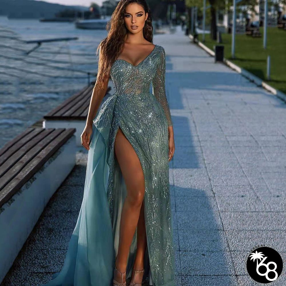Sequined V Neck Evening Dress - 01 | 168DEAL
