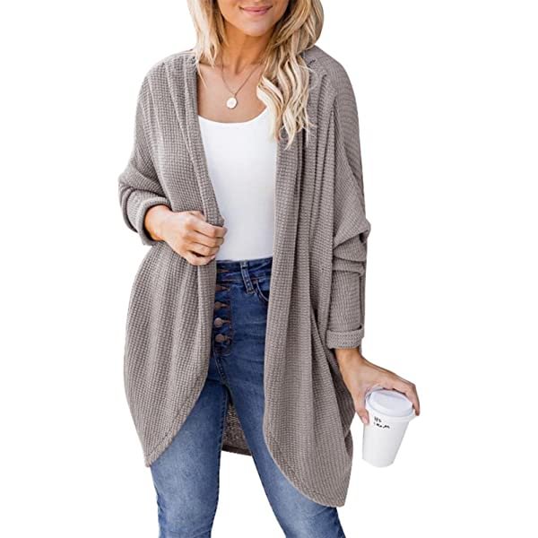 Women's Waffle Knit Batwing Long Sleeve Cardigan Oversized Open Front Sweater with Pockets Apricot Small