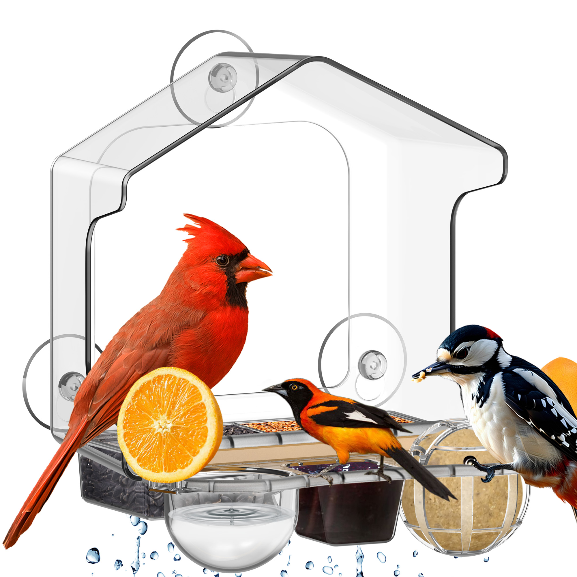 LUJII 6-in-1 Window Bird Feeder with Strongest Suction Cups, All-in-one Feeder for Bird Seed, Suet Ball, Mealworm, Oriole Orange Fruit, Jam or Water, Easy to Clean with 2 Removable Trays, Clear