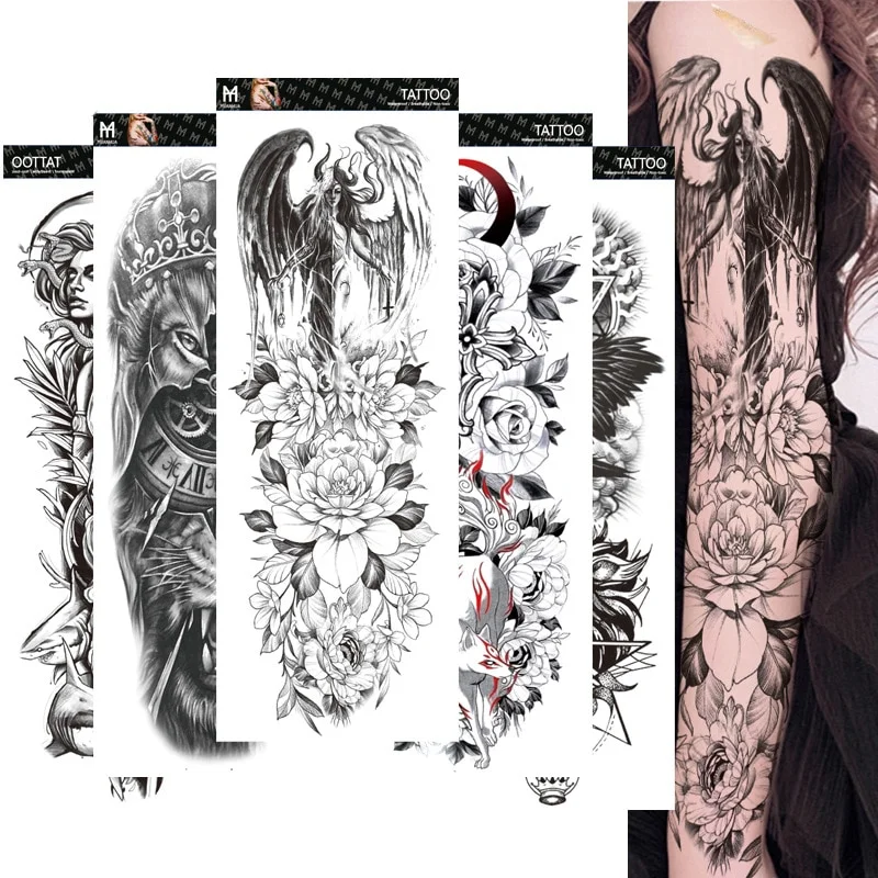 Sdrawing Temporary Full Arm Tattoos Man Women Cool Leg Art Tiger Wolf Black Sleeve Large Fake Sticker Glitter Multiple Style