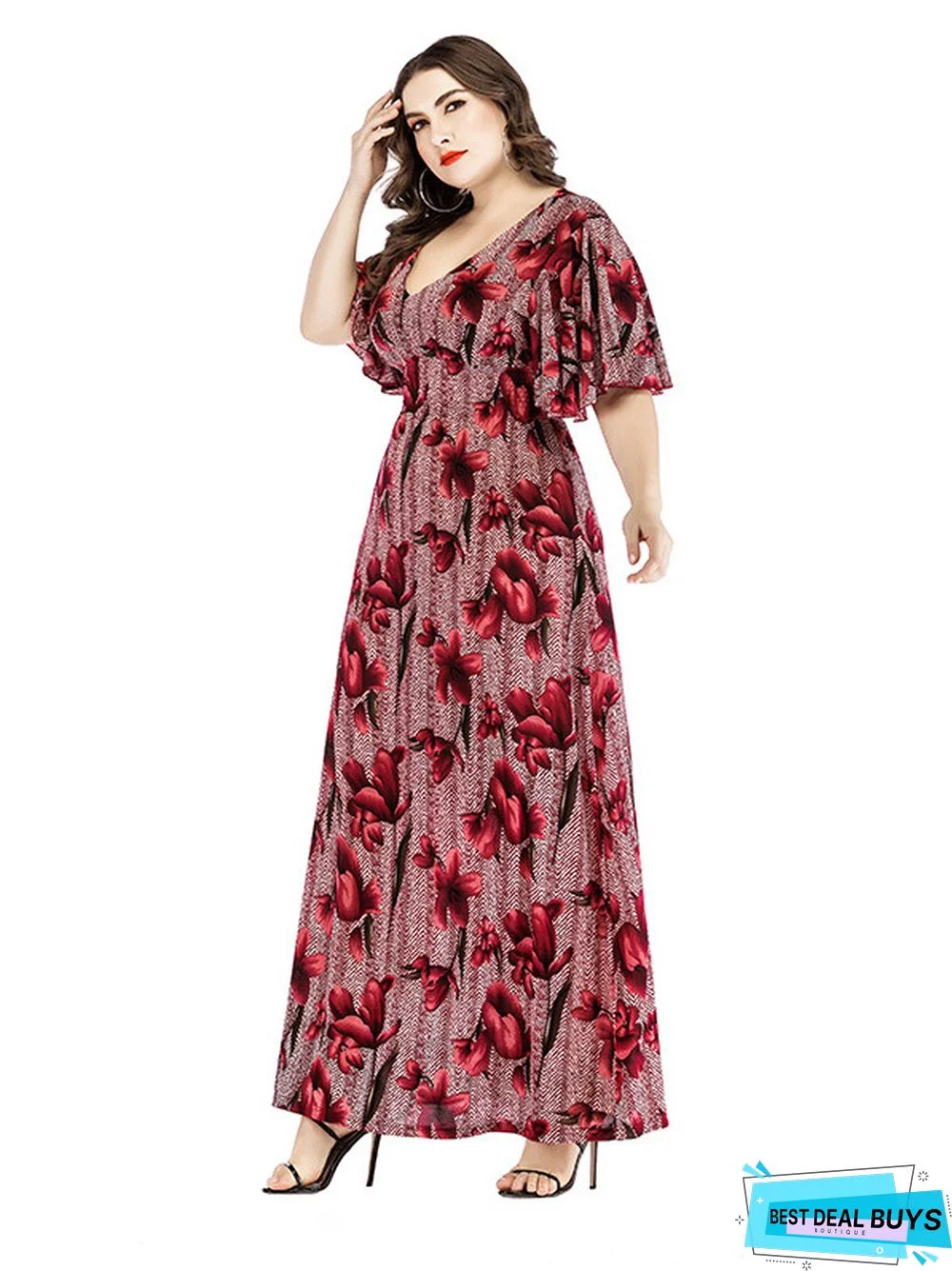 V-Neck Printed Long Skirt Plus Size Dress