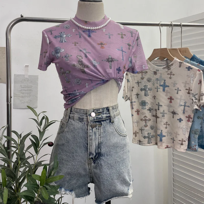 Nigikala Nigikala Shooting Retro Tie-Dye Double-Layer Mesh Half-High-Neck Short-Sleeved T-Shirt T-Shirt Short-Sleeved T-Shirted Woman 8833