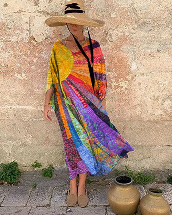 Holiday Color Sun Splicing Print Loose Dress