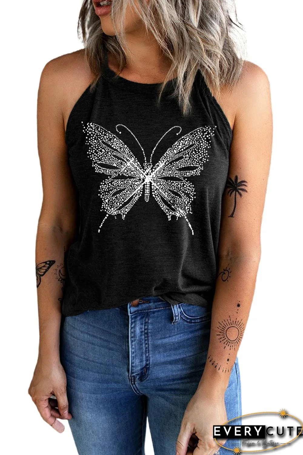 Black Butterfly Printed Slim Fit O Neck Tank Top