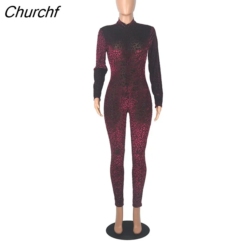 Churchf Sexy Print Velvet Bodycon Jumpsuit Long Sleeve Zip Up Birthday Outfits for Women Y2k Clothing One Piece Club Rompers