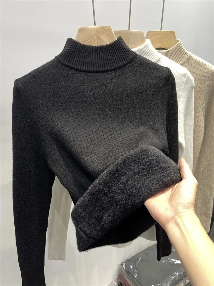 Uveng Warm Sweater Pullover Women Slim Thicken Plush Velvet Lined Knitwear Jumper Korean Half Turtleneck Poleras Soft Knit Tops