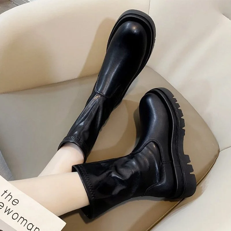 Soft PU Leather Long Boots For Women Slip On Mid Calf Boots Platform Ankle Boots Ladies Shoes Woman 2021 Autumn Winter Footwear