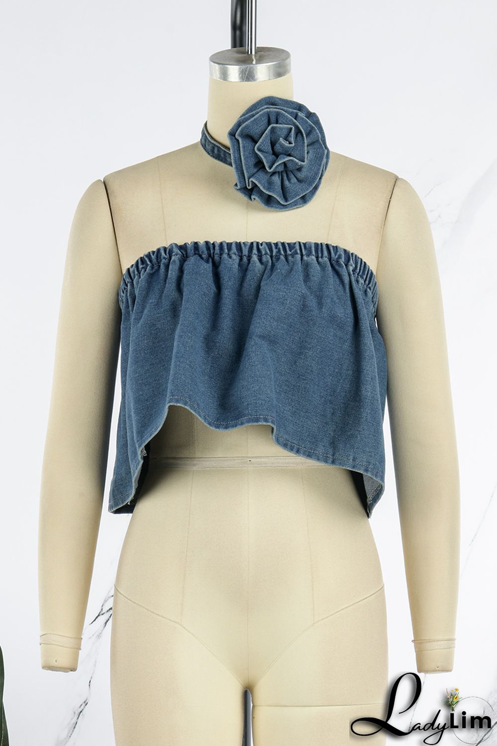 Blue Sexy Solid Patchwork Strapless Tops