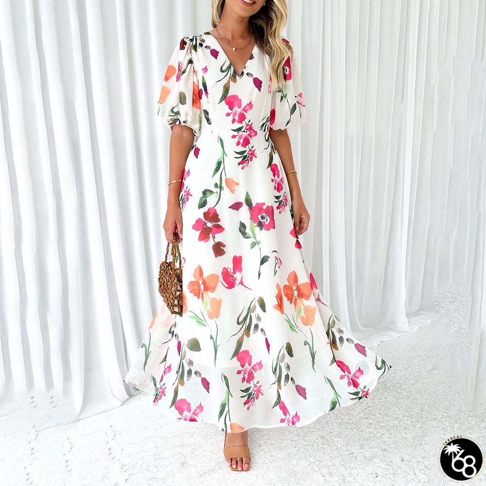 Elegant Floral Print Short Sleeve Maxi Dress | 168DEAL