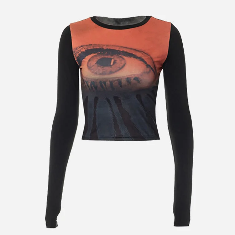 Eyes Print Round Collar Long Sleeve Crop Top - Modakawa modakawa