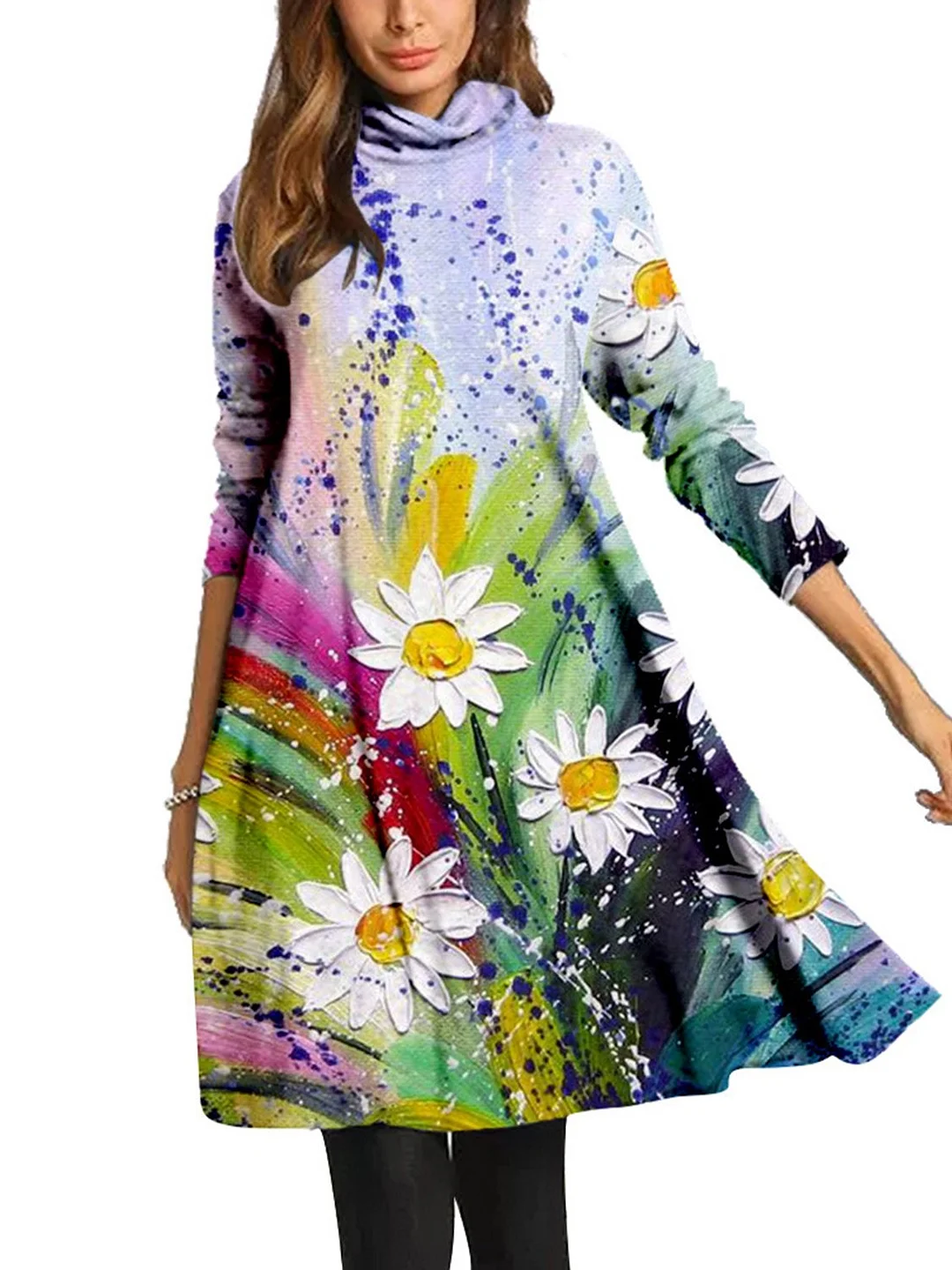 Women Long Sleeve Scoop Neck Printed Midi Dress