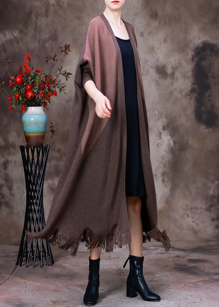 Fine Dark Coffee Patchwork Black V Neck Tassel Knit Wool Coat Long Sleeve