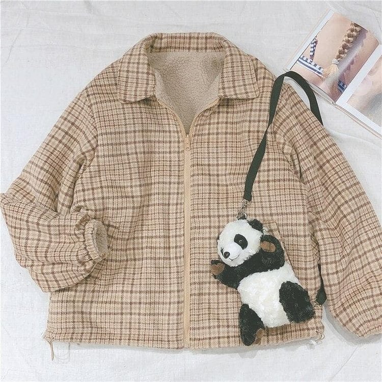 Reversible Thicken Plaid Cute Bear Embroidery Long Sleeve Coat SP15504