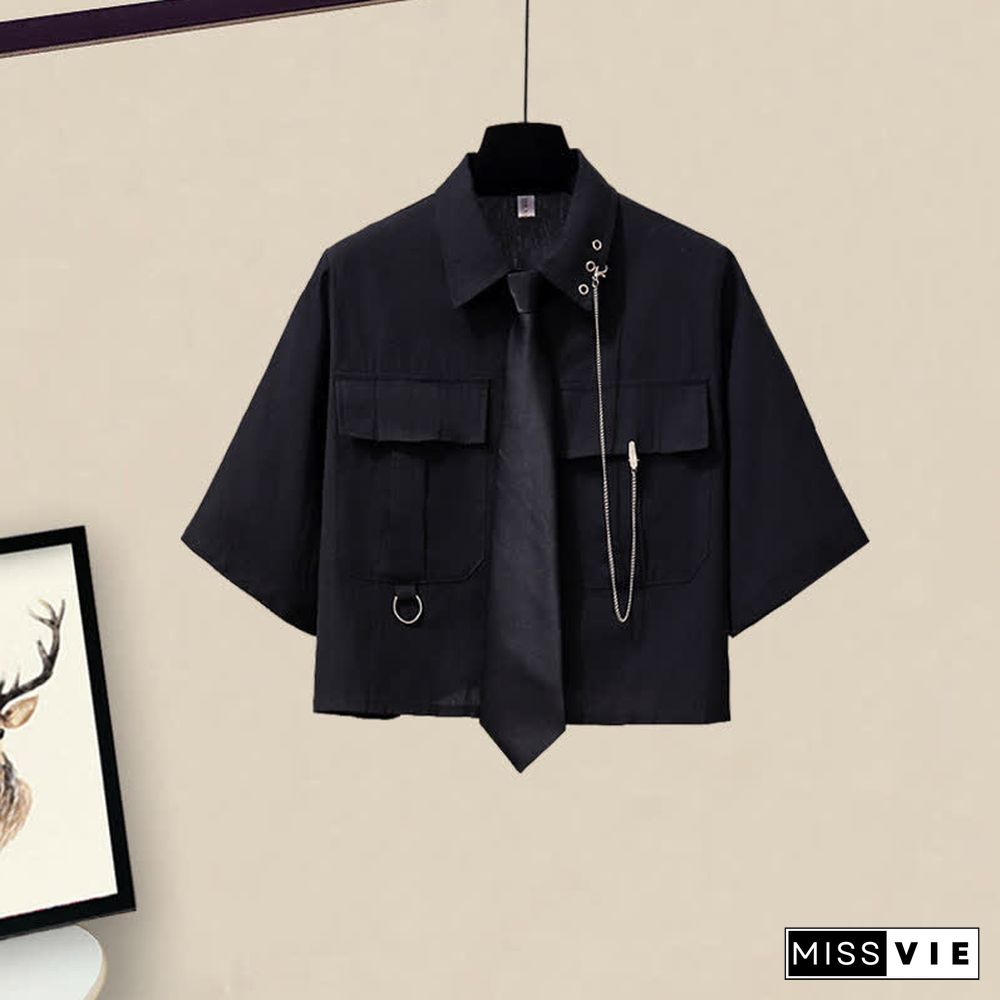 Chic Chain Pocketed Tie Polo T-Shirt Cargo Split Skirt