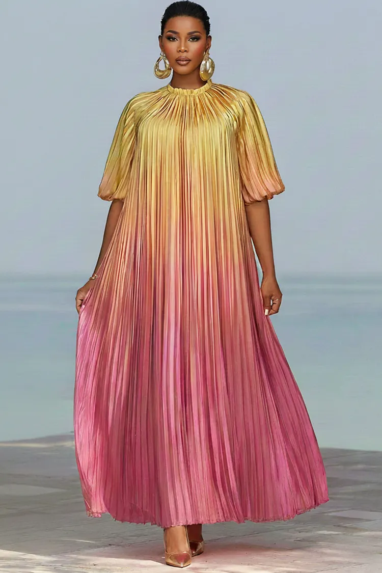 Xpluswear Design Plus Size Wedding Guest Pink Gradient Stand-Up Collar Puff Sleeve Short Sleeve Pleated Satin Maxi Dresses [Pre-Order] 2024 - Xpluswear