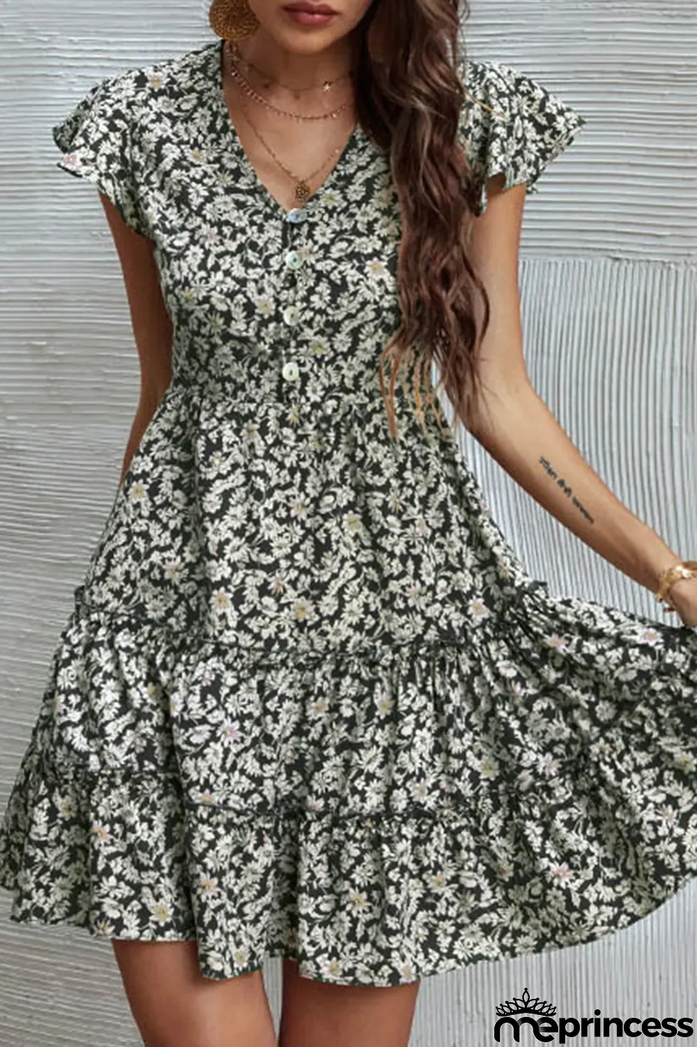 Fashion Elegant Floral Buckle Flounce V Neck A Line Dresses