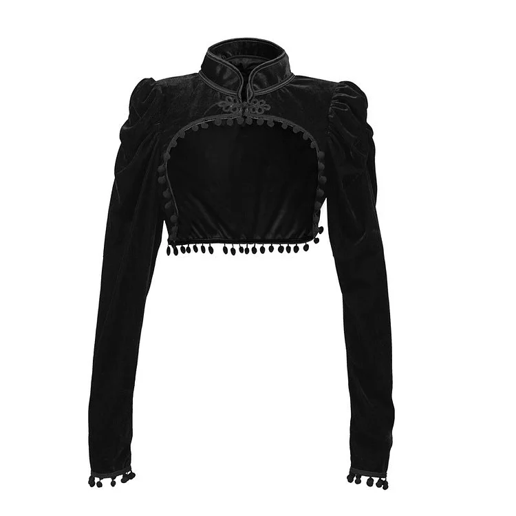 Black Velvet Stand-Up Collar Long Sleeve Top