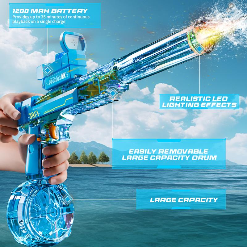 Product Introduction of Electric Water Blaster with LED Lights, Water Shooter Powerful Squirt Water Pistol for Kids/Aldults, Long Range Shoot Reach 26-35ft, High Powered IP67 Waterproof for Summer, Outdoor,Party,Birthday Gift，  Swimming Pools 18