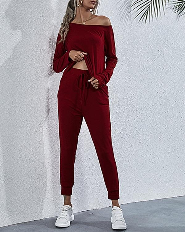 Solid Long Sleeve One Shoulder Two-Piece Fashion Suit - Chicaggo