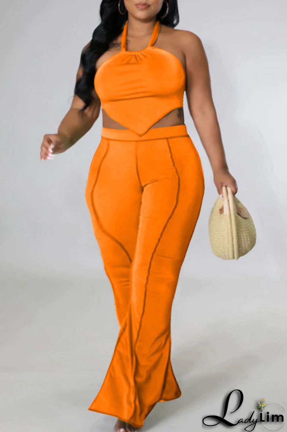 Black Sexy Solid Split Joint Backless Asymmetrical Halter Plus Size Two Pieces