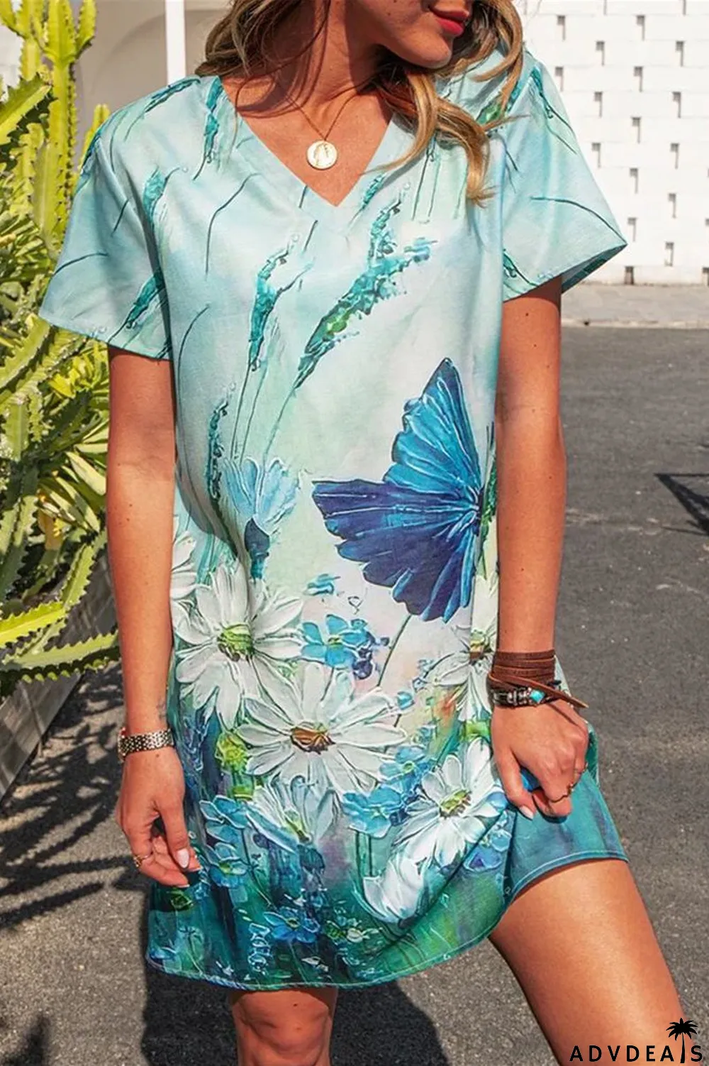 Short Sleeve V-Neck Floral Print Dress