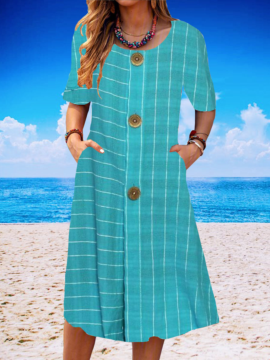 Women Half Sleeve V-neck Solid Color Dress