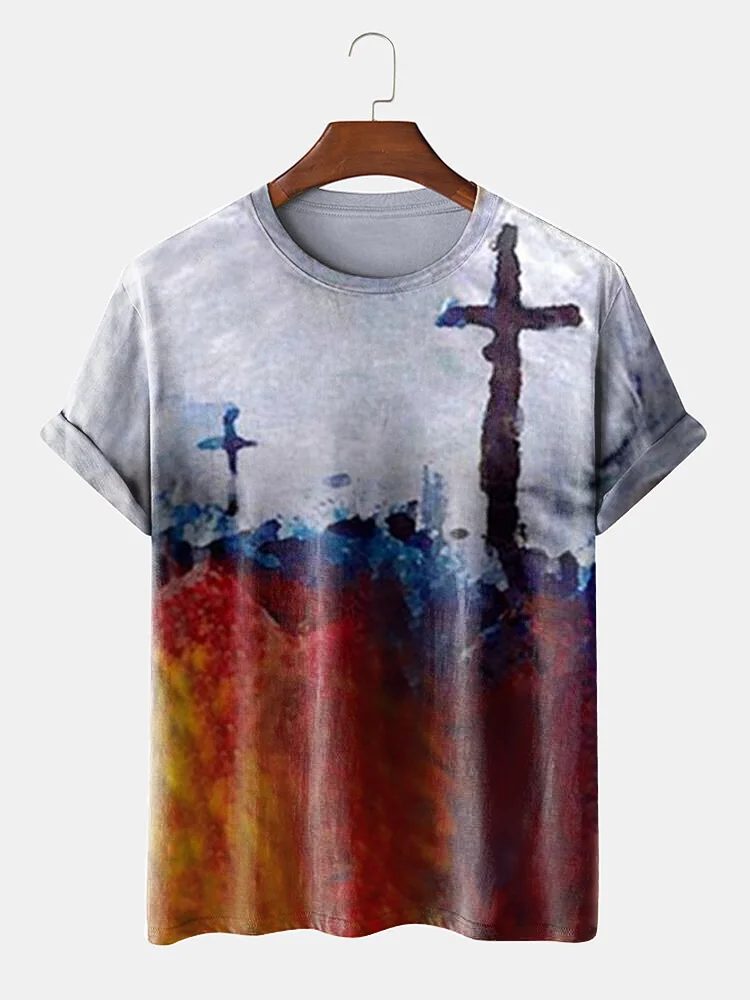 Cross Print Short Sleeves Casual Tees