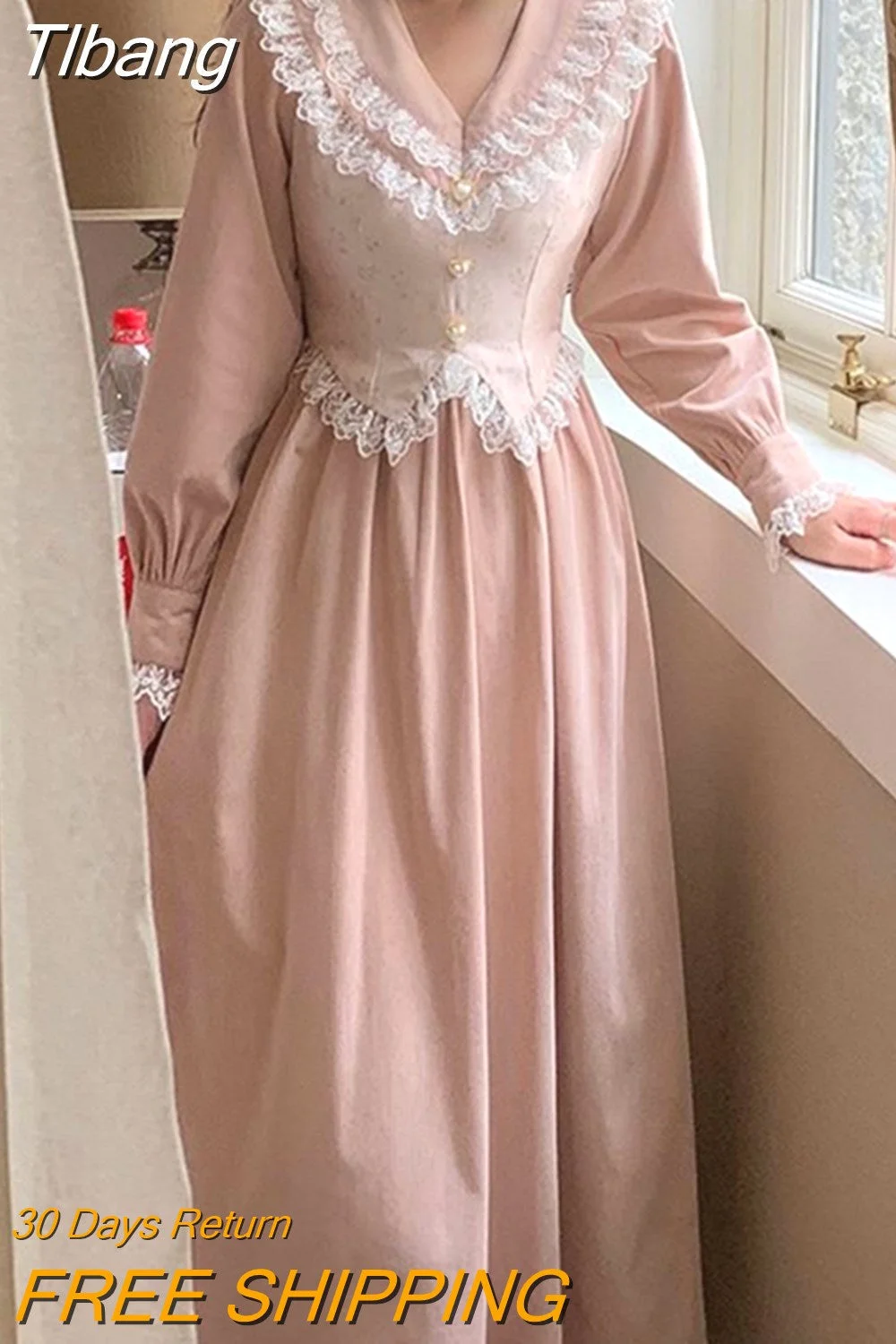 Tlbang Pink Vintage Dress Woman Princess Fake Two Pieces Dress Female Casual Lace Long Sleeve Elegant Party Midi Dresses 2023