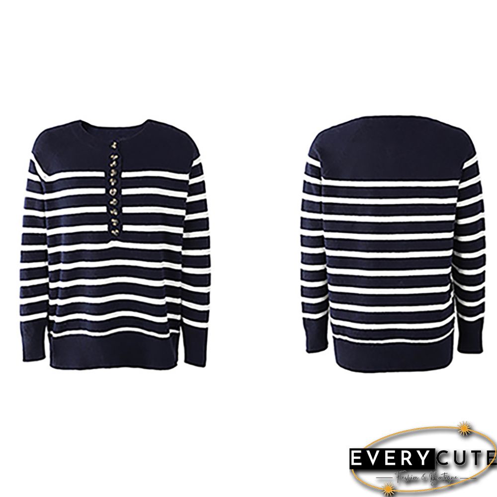 Navy Blue Striped Button Detail Pullover Sweater