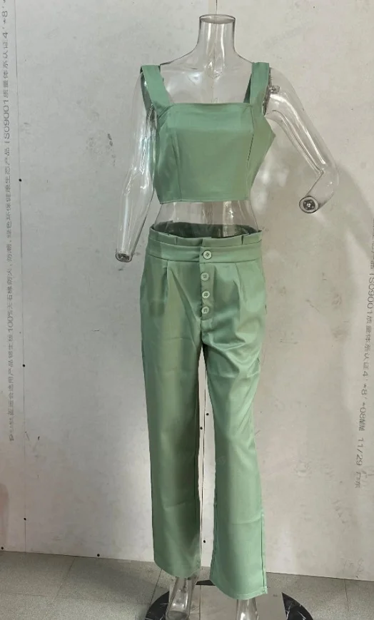 Toloer Toloer 2023 New Solid Color Short Crop Sling Top, High-Waist Trousers And Two-Piece Sets-Outfit Ideas