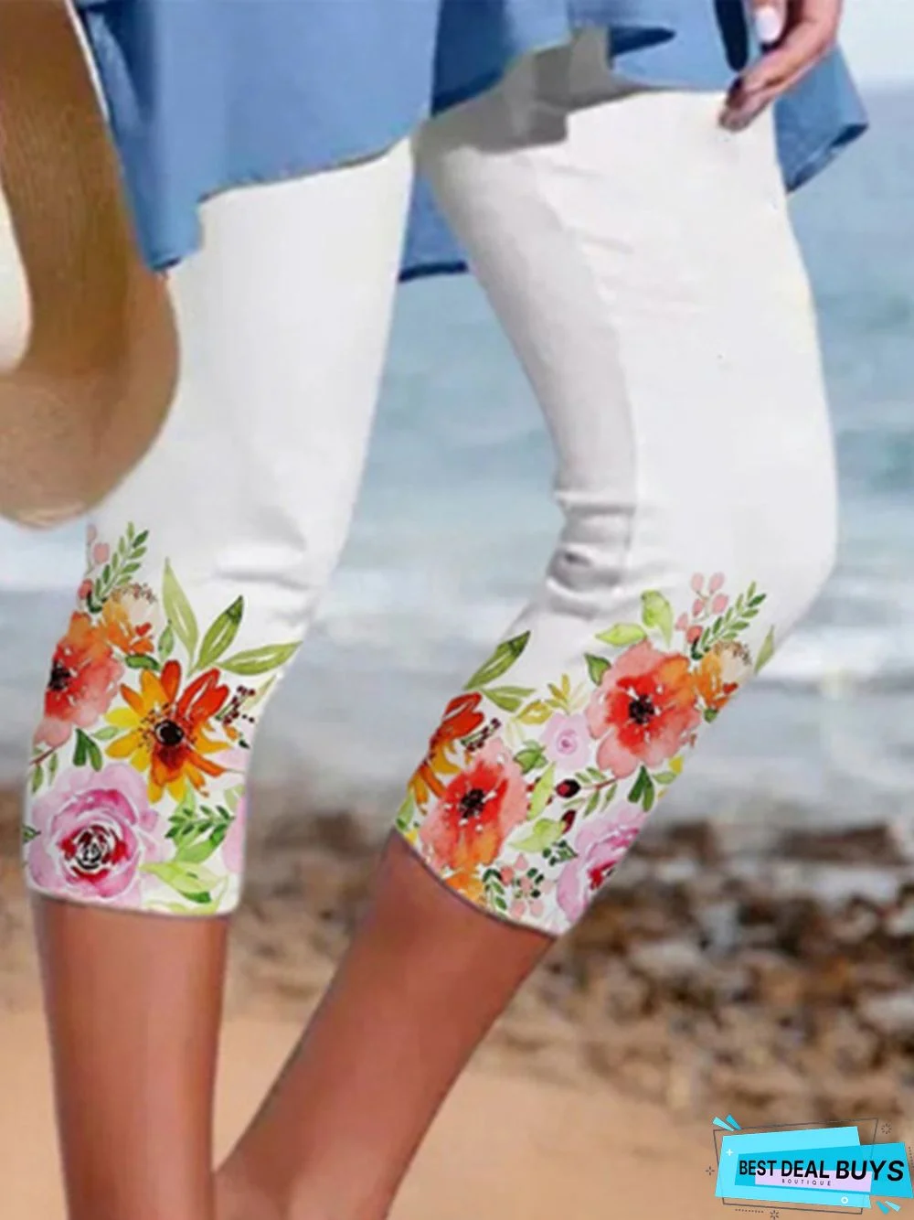 Casual Floral Elastic Waist Skinny Cropped Leggings