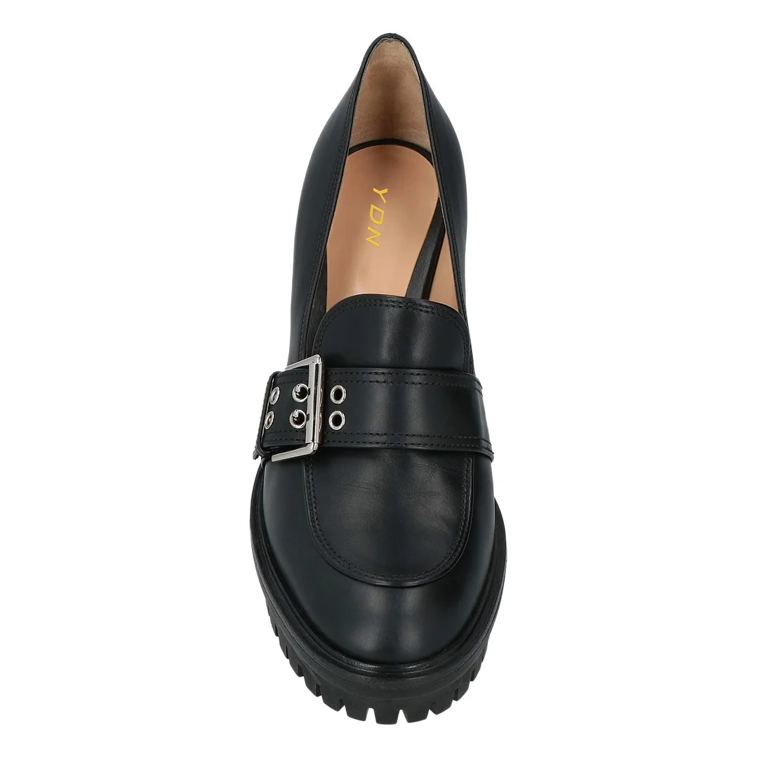 Black Round Toe Chunky High Heel Buckled Platform Loafers Women